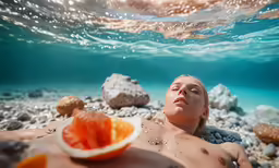 a person in the water lying down next to some rocks