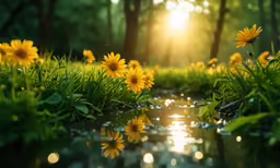 a sunlit forest with yellow flowers by the water