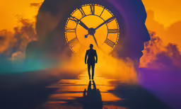 the silhouette of a person walking in front of a giant clock