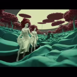 two dolls wearing white walking on green ground