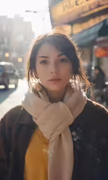 the woman is walking down the street while wearing a scarf