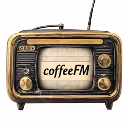 a small tv that says coffee fm