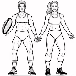 a man and a woman in sports outfits hold hands as they hold a tennis racket,a couple holding hands while standing with a tennis racquet,the outline of two people holding tennis rackets,the body shapes are drawn in black and white,a man and woman in a sports outfit hold hands with a tennis racket