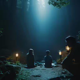 three people are sitting down in a forest