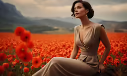 the woman is sitting in front of an orange field of flowers