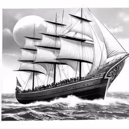 an old ship with a full sail in the ocean