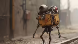 a robot walking on railroad tracks in front of a building