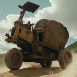 an old tractor driving on a dirt road with its load