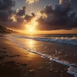 a bright sun setting over the ocean with waves coming in