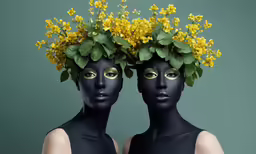 two mannequin heads are covered with plants and flowers