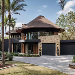 the large round house with two trees in front is surrounded by palm trees
