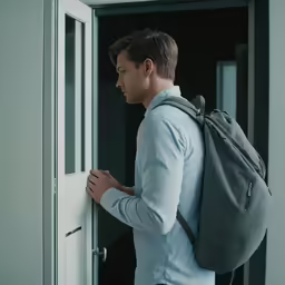 a man in a suit carries a grey backpack and stares at something through the doorway