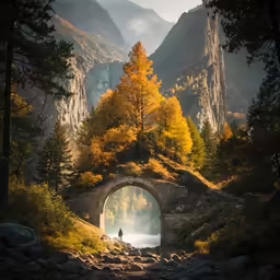 there is a man walking down the trail that goes to a cave in the mountains