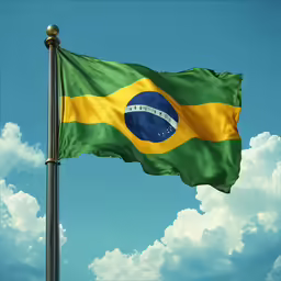 the flag of brazil is flying high in the blue sky