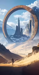 a man walking across a dirt field near mountains