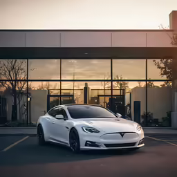 white tesla parked in front of an office building