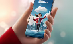 a person holding a cell phone displaying an animation of a girl on her phone