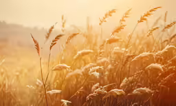 the sun shining in a field of wheat