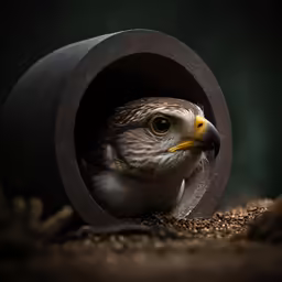 a little bird in the dark peeking out from behind a pipe