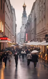 the people walk down the street on a rainy day