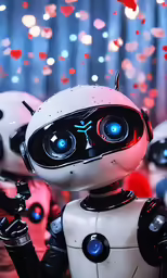 a robot is holding a remote in a room with many hearts