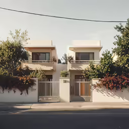 two white buildings and trees lining the street