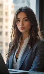 the woman sits at the computer desk by a window