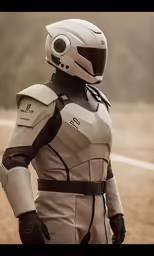 the soldier is dressed in beige and has an armor