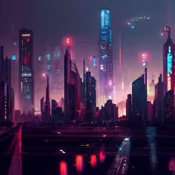 some very big nice buildings near some water,some buildings are lit up at night,