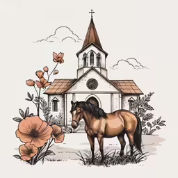 an old church with a horse in front of it
