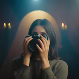 a woman holding a camera up to her face