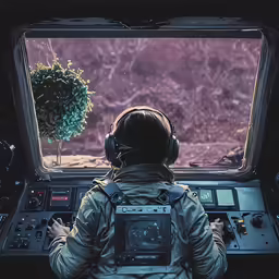 an astronaut is sitting at the cockpit of a spaceship with a view of the planet