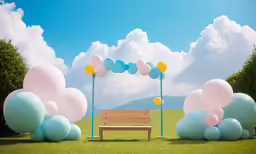 a park bench with many balloons and a wooden bench