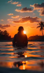 a person sitting on top of a body of water at sunset