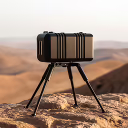 an item sitting on top of a tripod in the middle of some mountains