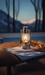 an old - fashioned table lamp is lit on the dining table