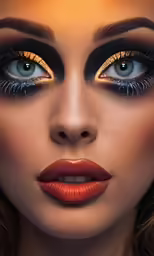 the face of a woman with makeup in black and gold