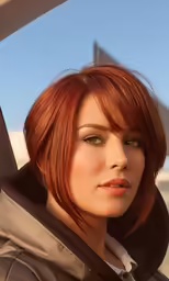 the beautiful redhead girl has red hair and is sitting down