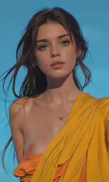 a young woman with a wet body wearing an orange one piece swimsuit