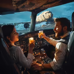 a man and woman are sitting in the cockpit of a plane toasting