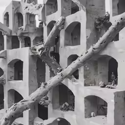 a concrete structure filled with small figures and trees