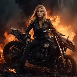 a blonde woman in black jacket riding a motorcycle