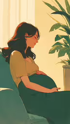 a cartoon painting of a woman laying on a couch,a woman is sitting on the couch with a baby bump in her stomach