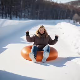 a woman that is sitting on a giant raft in the snow