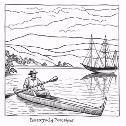the man is rowing in a boat near two ships
