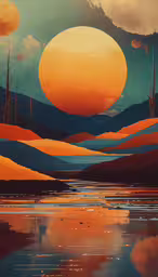 the sun is setting over some mountains on the water,a painting of an orange sky, a body of water and trees