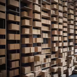 some shelves with lots of boxes on them