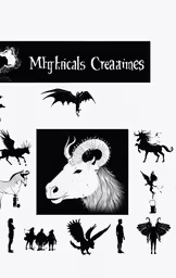 a poster with some images of animals and people,several types of silhouettes of mythical creatures