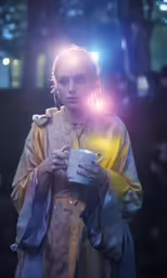 a person holding a coffee mug while wearing a robe