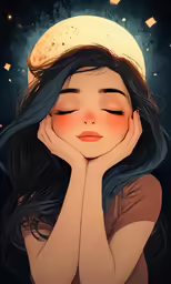 a young woman with her head in her hands and a night sky background